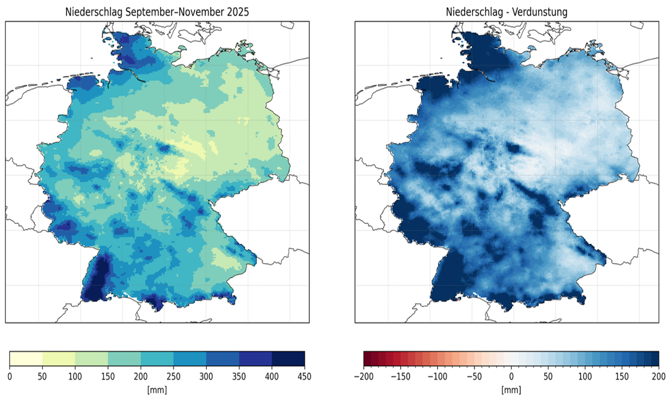 Niederschlagsmenge und Wasserbilanz Herbst 2025. Quelle: UFZ